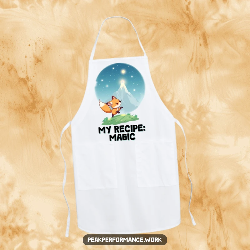 Funny Apron: Playful fox cub chases shimmering light towards a peak, ideal for humorous culinary quests.