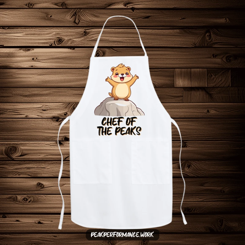 Funny Marmot Apron: A cartoon marmot doing a cheerful hop while cooking, perfect for a funny kitchen accessory.
