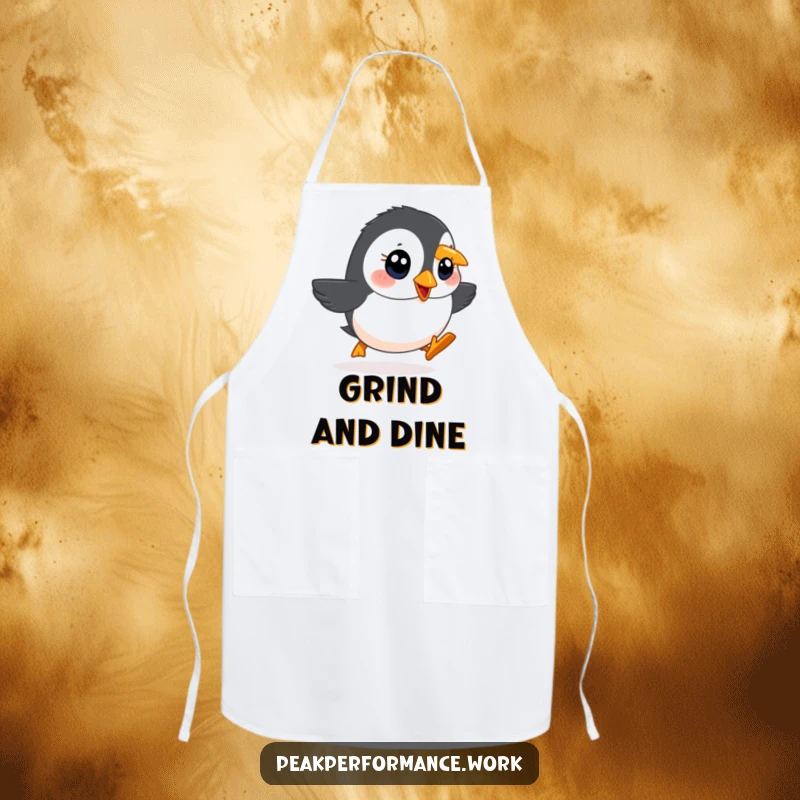 Funny apron with a determined cartoon puffin with bright eyes waddling rapidly uphill, adding humor to cooking.