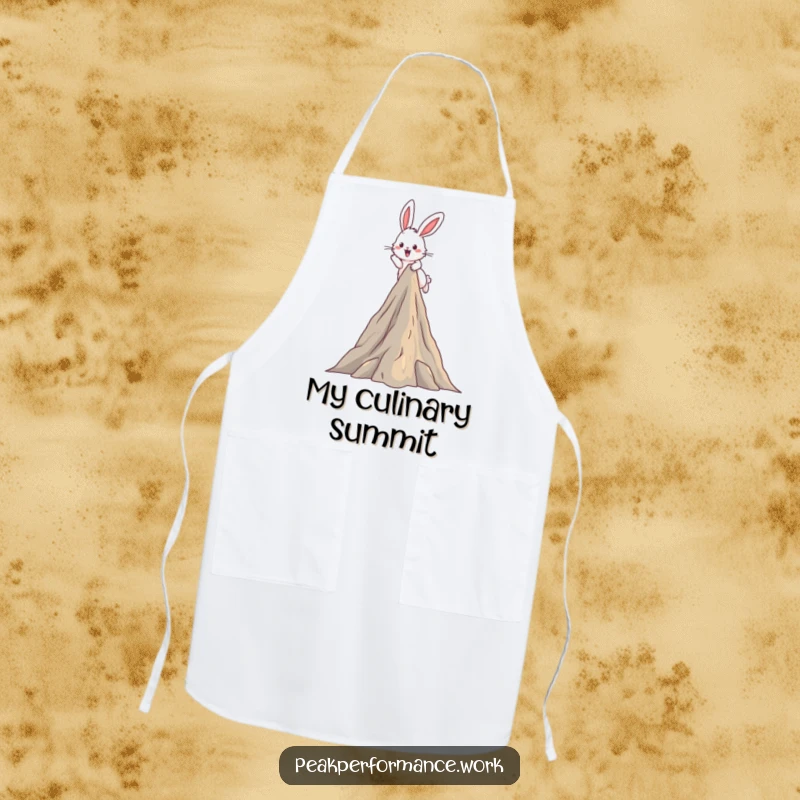 Funny Apron: Fluffy bunny excitedly hops over a mountain peak, ideal for humorous culinary adventures.