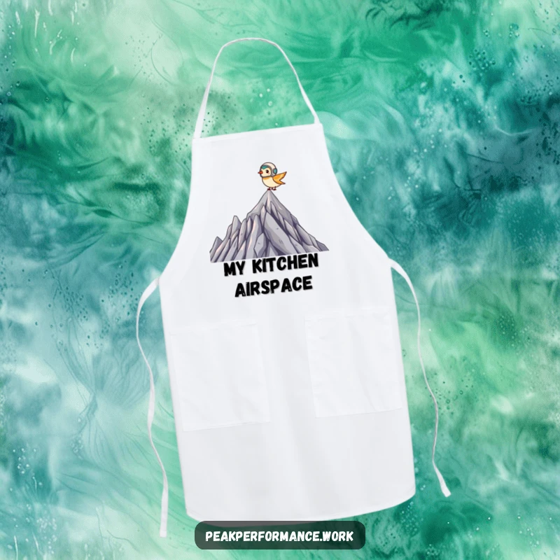Funny Apron: Tiny bird in helmet soars over jagged summit, ideal for humorous culinary flights.