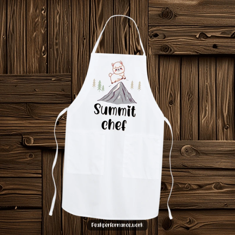 Funny apron with a fluffy cartoon alpaca energetically leaping over a jagged mountain peak, adding humor to cooking.