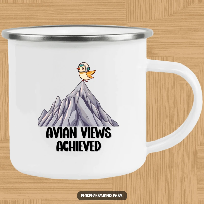 Funny Camping Mug: Tiny bird in helmet soaring over jagged summit, perfect for humorous outdoor flights.