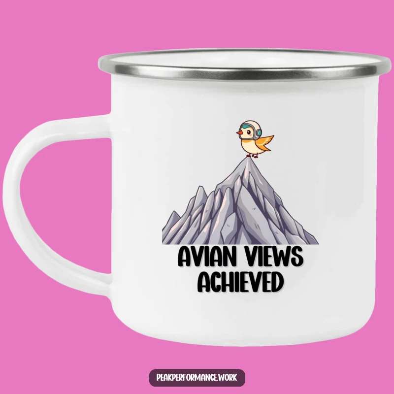 Funny Pilot Bird Camping Mug: Tiny Helmeted Flyer Summit Fun, Gift