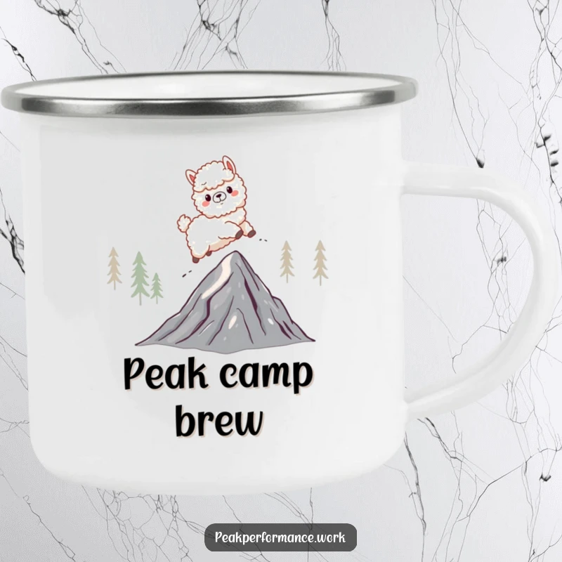 Funny camping mug with a fluffy cartoon alpaca energetically leaping over a jagged mountain peak, perfect for outdoor adventures.