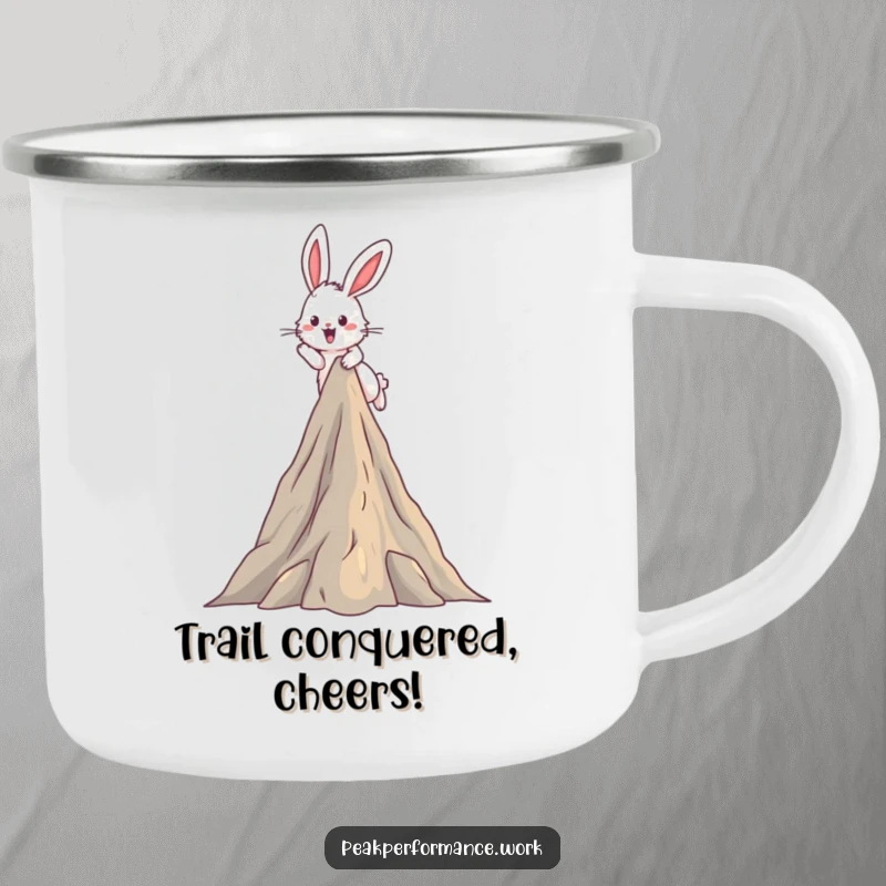 Funny Camping Mug: Fluffy bunny excitedly jumps over a mountain peak, perfect for humorous outdoor adventures.