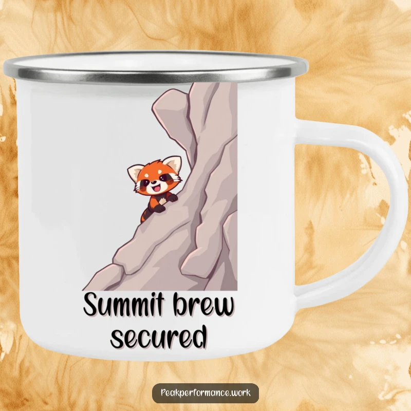 Funny camping mug with a smiling cartoon red panda enthusiastically climbing a steep, rocky slope, perfect for outdoor enthusiasm.