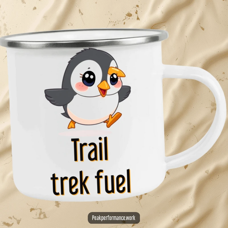 Funny camping mug with a determined cartoon puffin with bright eyes waddling rapidly uphill, perfect for outdoor determination.
