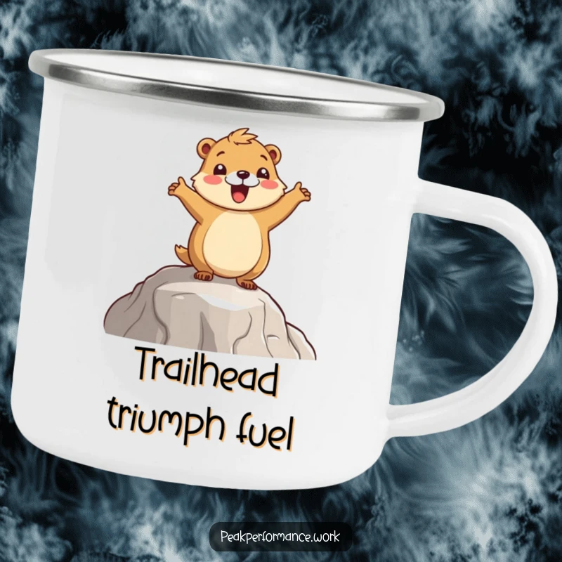 Funny Marmot Camping Mug: A cartoon marmot celebrating with a hop on a mountain ledge, ideal for rugged adventures.