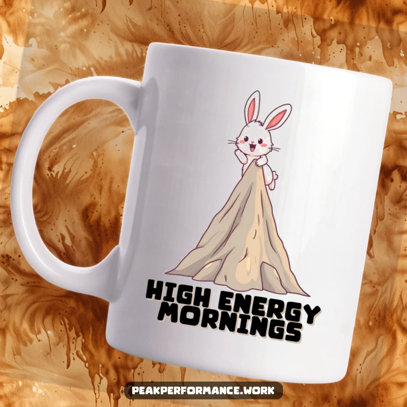 Funny Mug: Fluffy bunny gleefully leaps over a stylized mountain peak, embodying adventurous and humorous spirit.