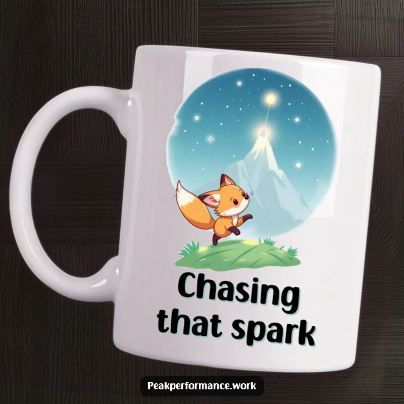 Funny Mug: Playful fox cub excitedly pursues a shimmering light particle towards a lofty mountain peak.