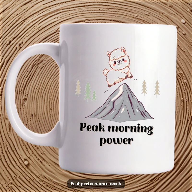 Funny mug showing a fluffy cartoon alpaca energetically leaping over a jagged mountain peak with a determined expression.