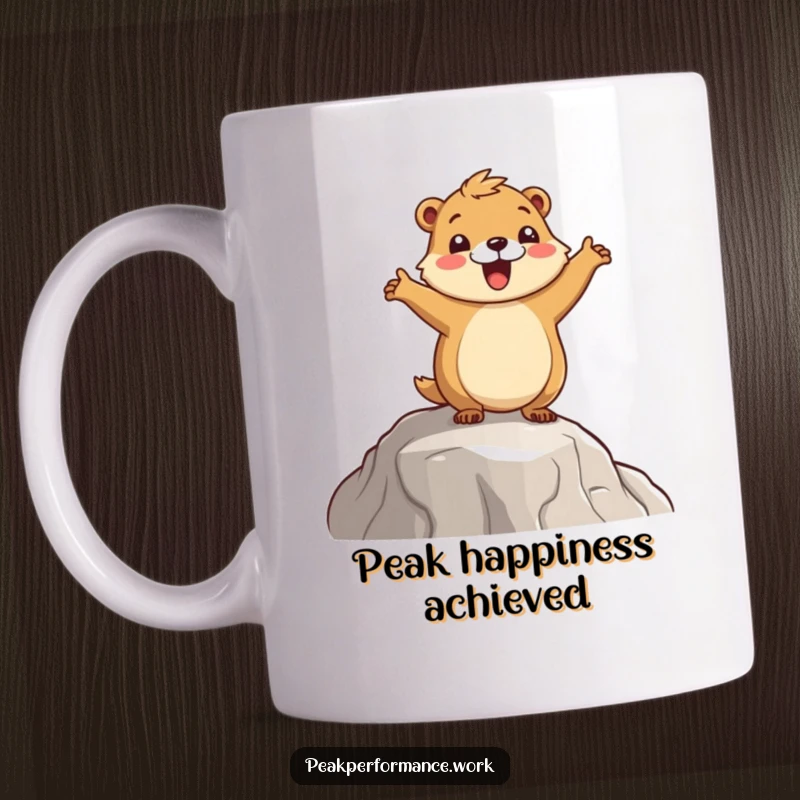Funny Marmot Mug: A cheerful cartoon marmot doing a celebratory hop on a mountain ledge, conveying pure joy.
