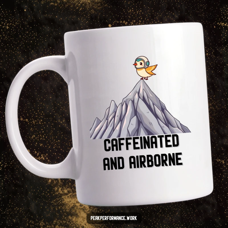 Funny Mug: Tiny bird in a miniature helmet flies bravely above a jagged mountain summit, symbolizing courage.