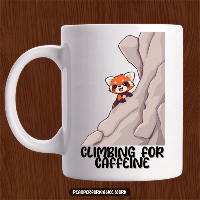Funny mug showing a smiling cartoon red panda enthusiastically climbing a steep, rocky slope with determined joy.