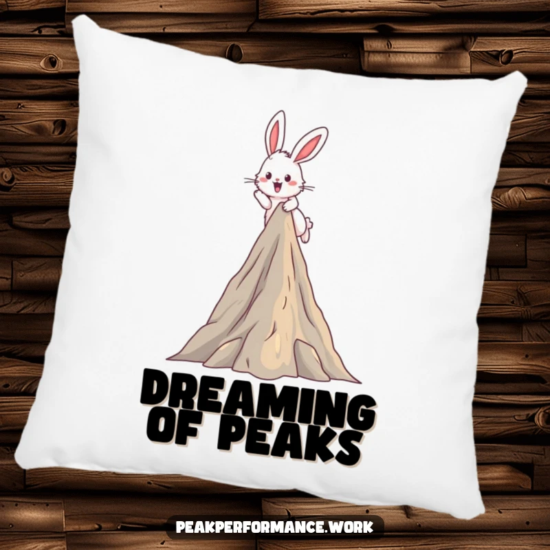 Funny Pillow: Soft cushion with fluffy bunny excitedly hopping over a mountain peak, for humorous adventure comfort.