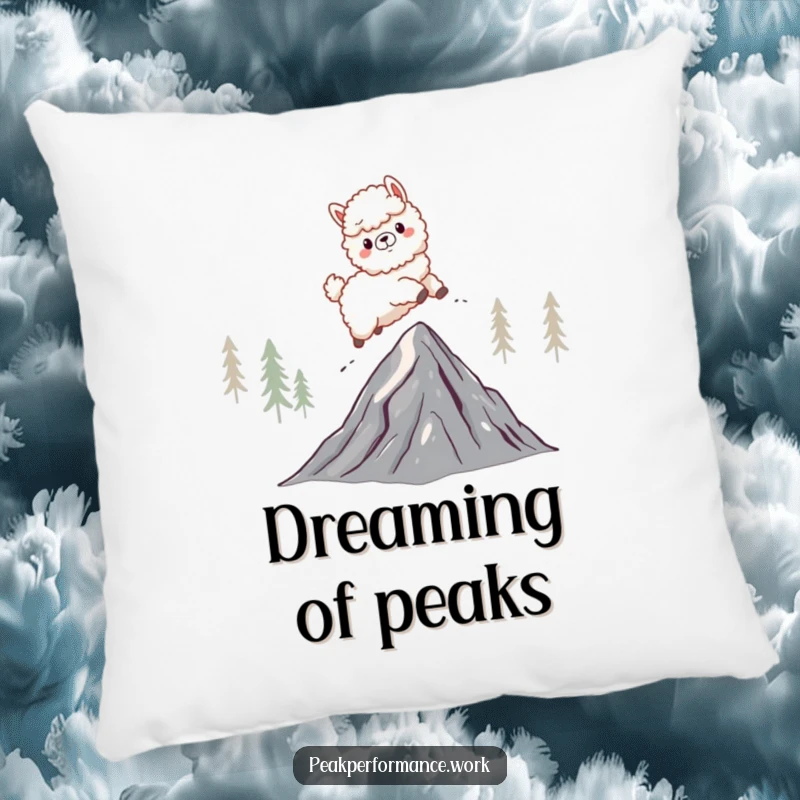 Funny pillow with a fluffy cartoon alpaca energetically leaping over a jagged mountain peak, offering humorous comfort.