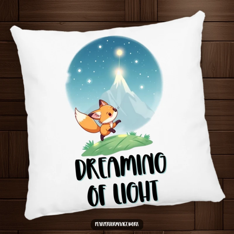 Funny Pillow: Soft cushion with playful fox cub chasing light towards a peak, for humorous wonder comfort.