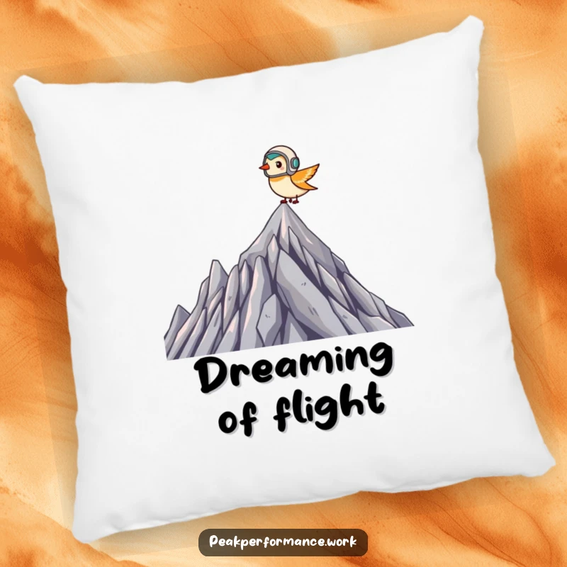Funny Pillow: Soft cushion with tiny bird in helmet soaring over jagged summit, for humorous brave comfort.