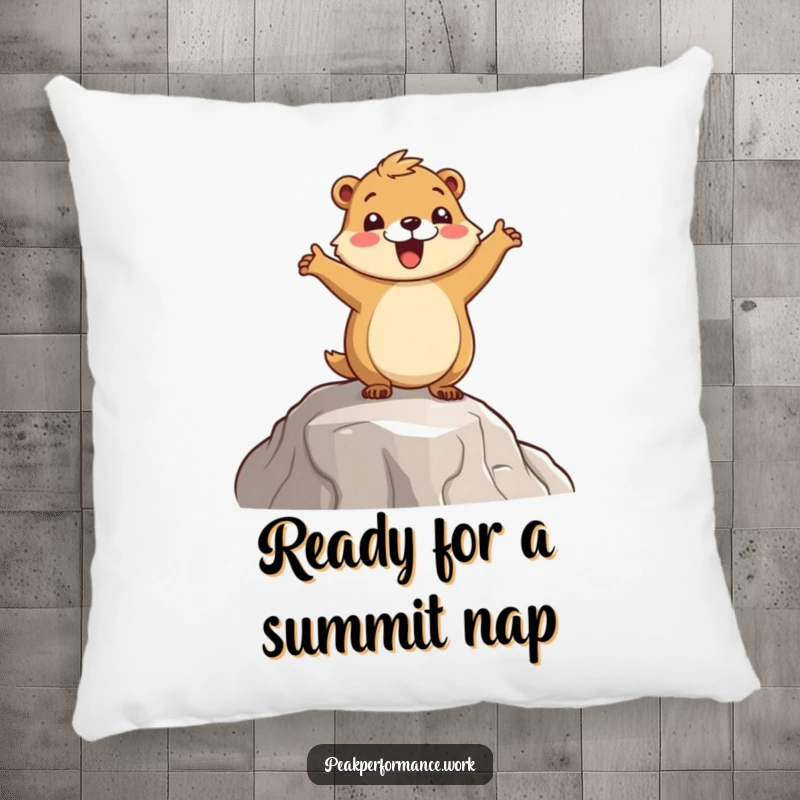 Funny Marmot Pillow: A cheerful cartoon marmot in a celebratory hop pose on a mountain ledge, ideal for comfort.