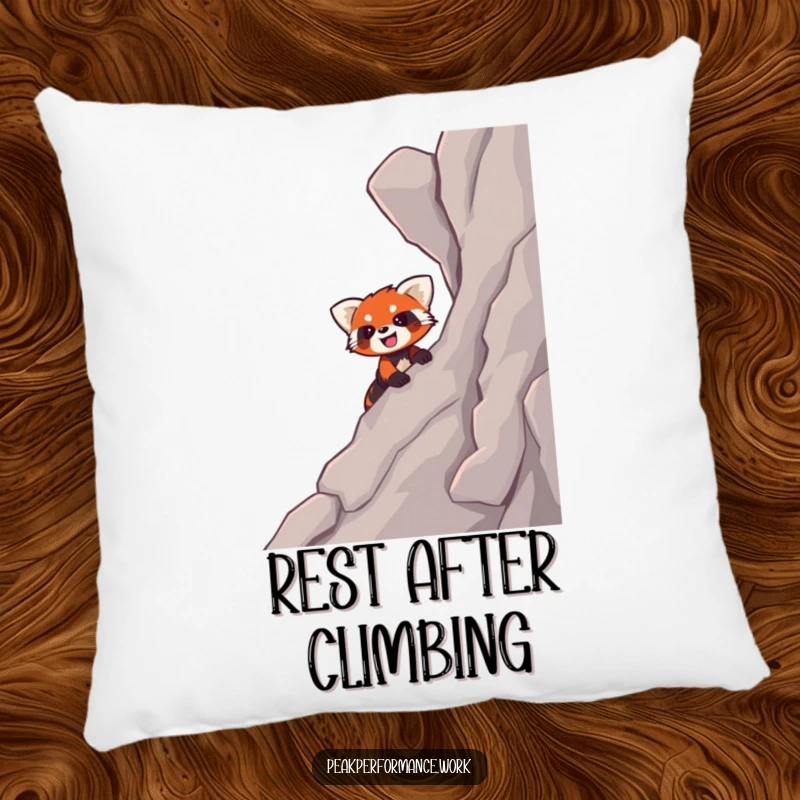 Funny pillow with a smiling cartoon red panda enthusiastically climbing a steep, rocky slope, offering humorous comfort.