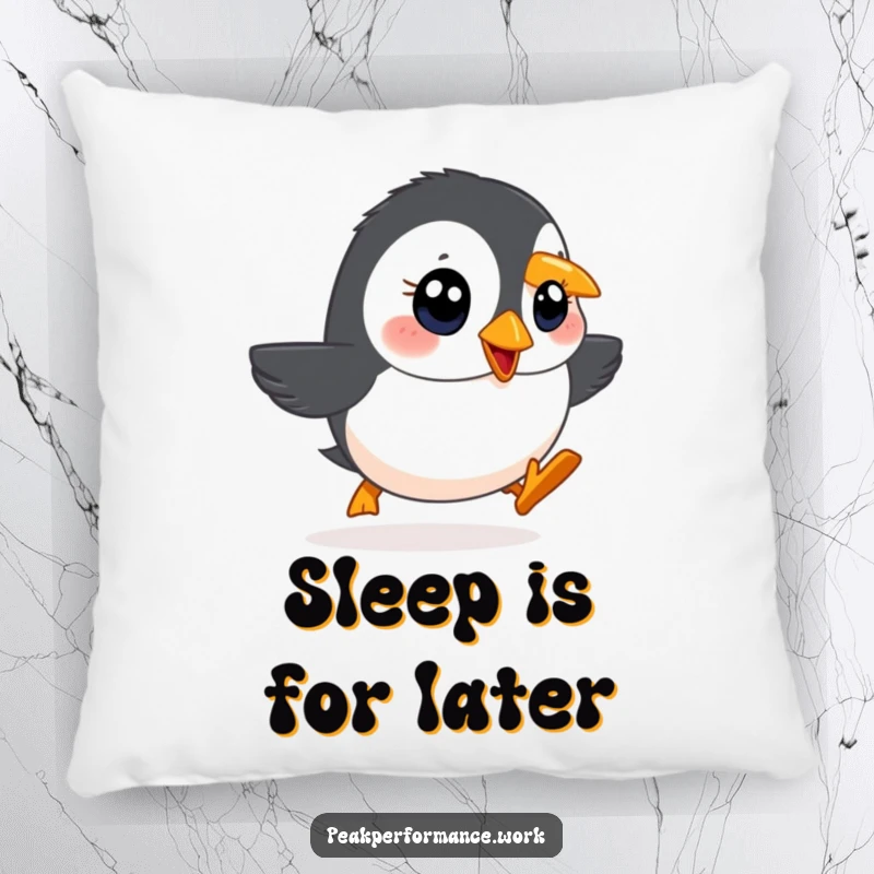 Funny pillow with a determined cartoon puffin with bright eyes waddling rapidly uphill, offering humorous comfort and motivation.