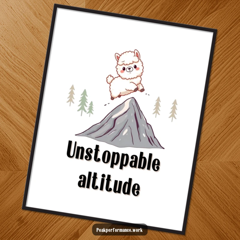 Funny digital art of a fluffy cartoon alpaca energetically leaping over a jagged mountain peak, perfect for humorous wall decor.