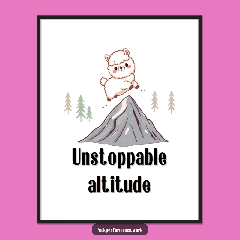 Funny Alpaca Mountain Leap Digital Art: Hilarious Cartoon Print for Walls