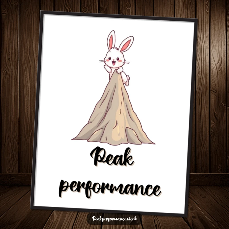 Funny Digital Art Print: Fluffy bunny gleefully leaps over a stylized mountain peak, ideal for humorous decor.