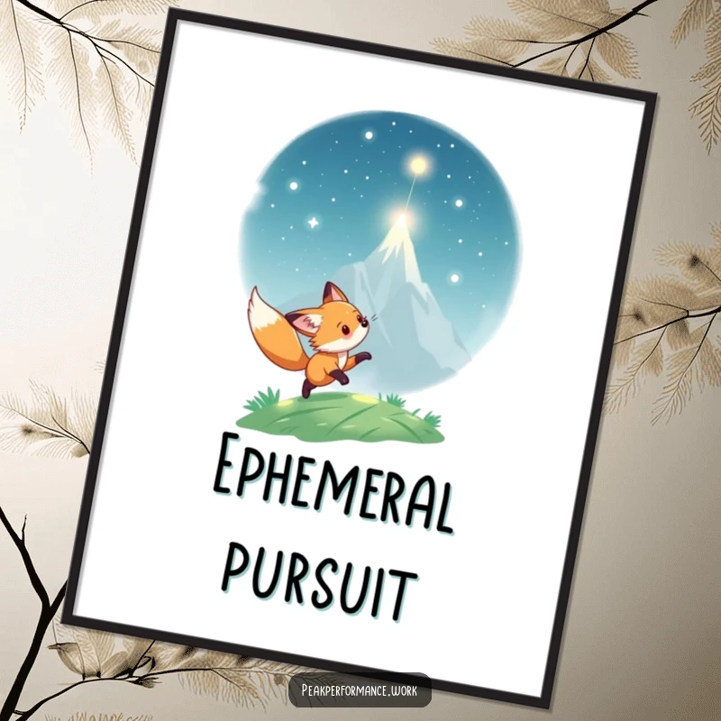 Funny Digital Art Print: Playful fox cub chases a shimmering light particle towards a lofty peak, ideal for decor.