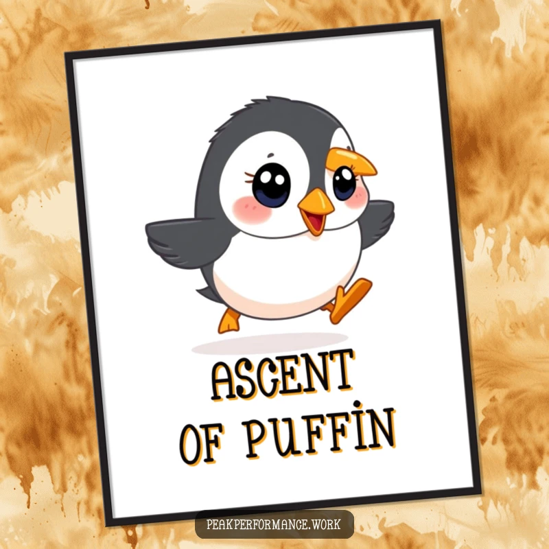 Funny digital art of a determined cartoon puffin with bright eyes waddling rapidly uphill, perfect for humorous wall decor.