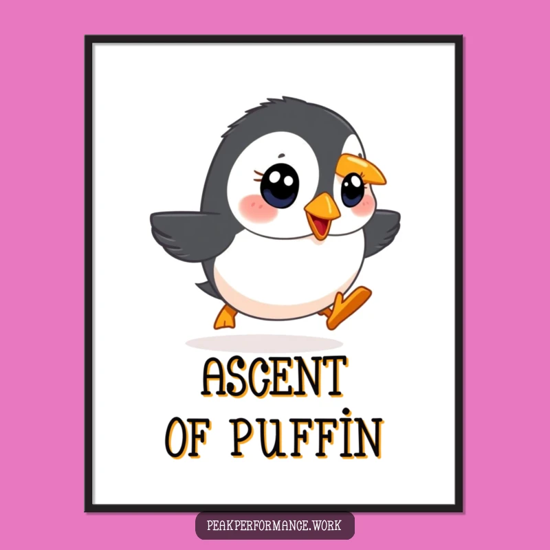 Funny Waddling Puffin Digital Art: Hilarious Uphill Climb Print for Walls