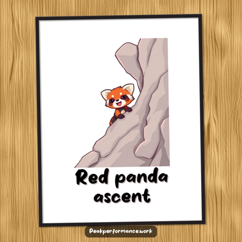 Funny digital art of a smiling cartoon red panda enthusiastically climbing a steep, rocky slope, perfect for humorous wall decor.