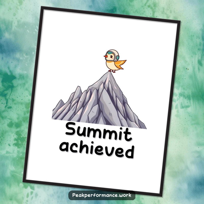Funny Digital Art Print: Tiny bird wearing a helmet soars over a jagged mountain peak, ideal for humorous decor.