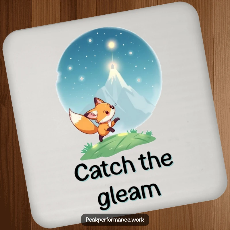 Funny Drink Coaster: Playful fox cub chases light towards a peak, protecting surfaces with humorous curiosity.