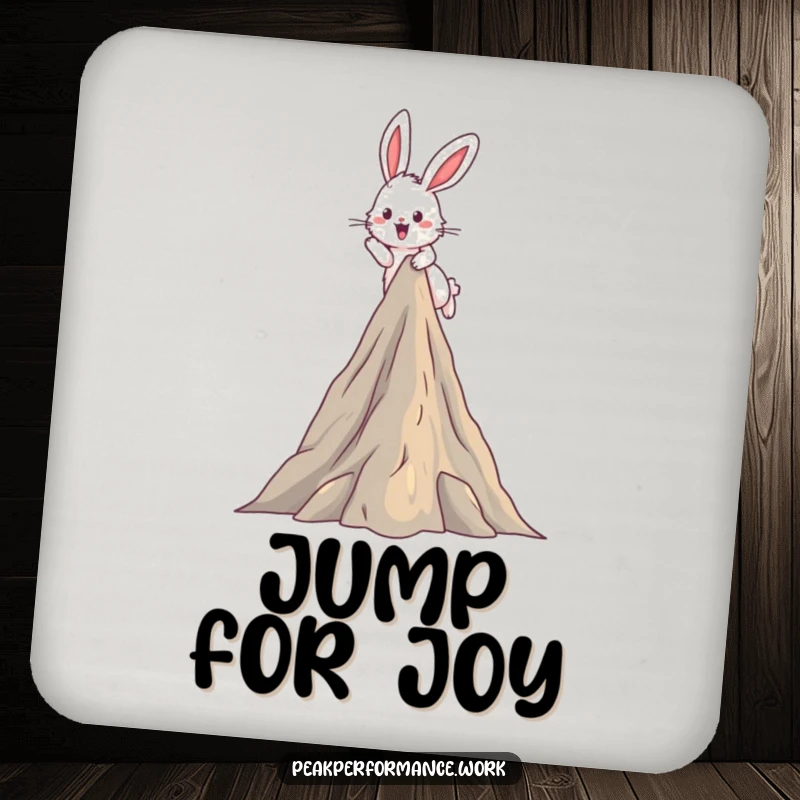Funny Drink Coaster: Fluffy bunny hops over a mountain peak, protecting surfaces with humorous energy.