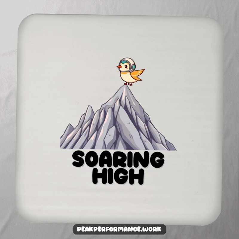 Funny Drink Coaster: Tiny bird in helmet soars over jagged summit, protecting surfaces with humorous bravery.