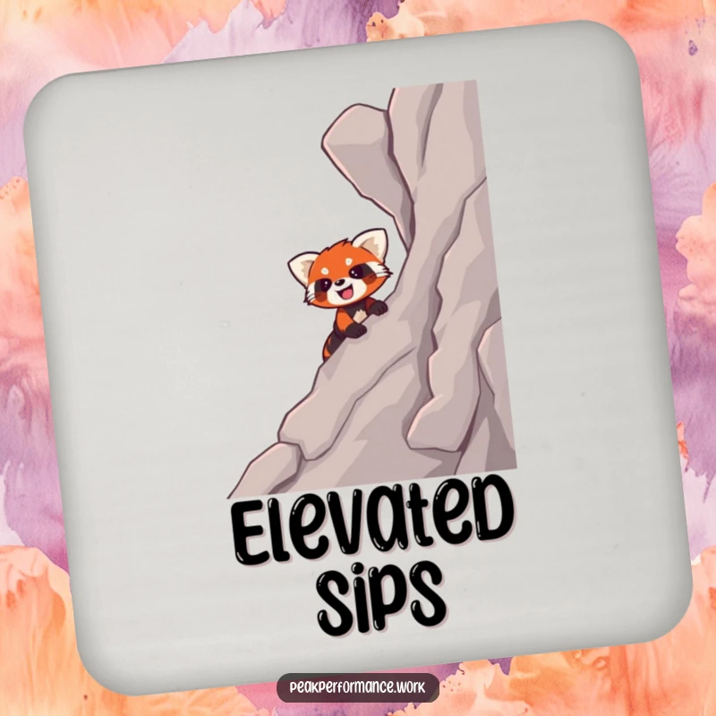 Funny coaster with a smiling cartoon red panda enthusiastically climbing a steep, rocky slope, protecting surfaces humorously.