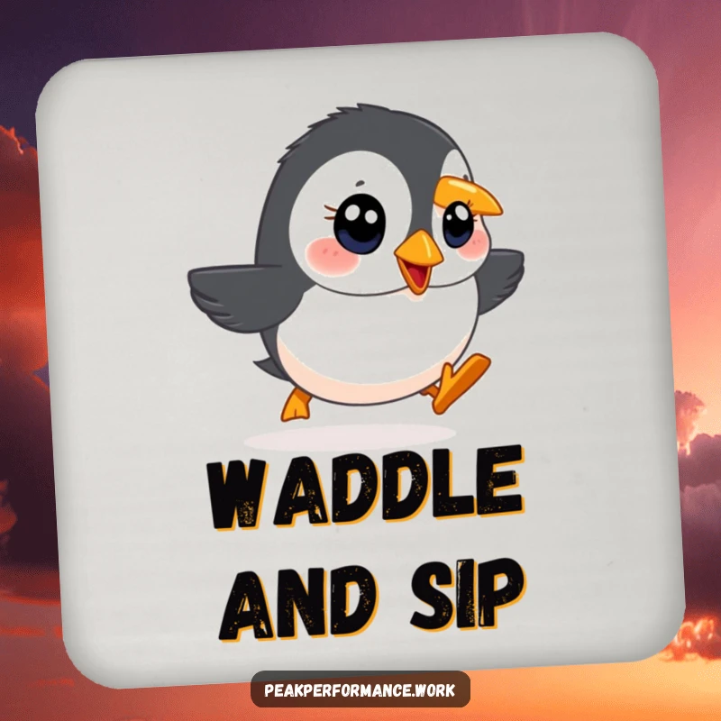 Funny coaster with a determined cartoon puffin with bright eyes waddling rapidly uphill, protecting surfaces with humor.