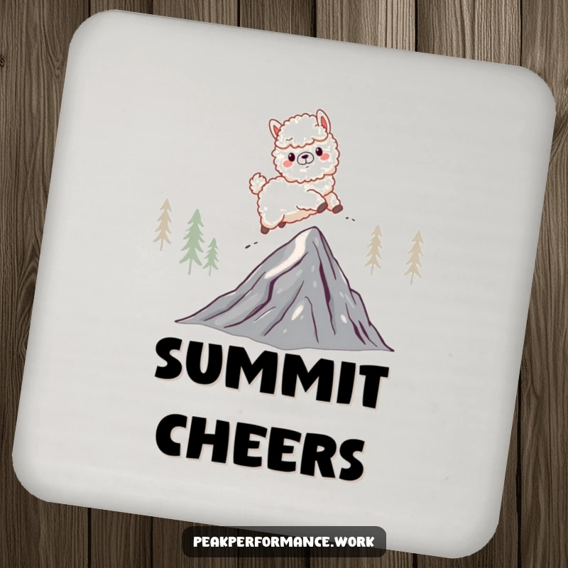 Funny coaster with a fluffy cartoon alpaca energetically leaping over a jagged mountain peak, protecting surfaces humorously.