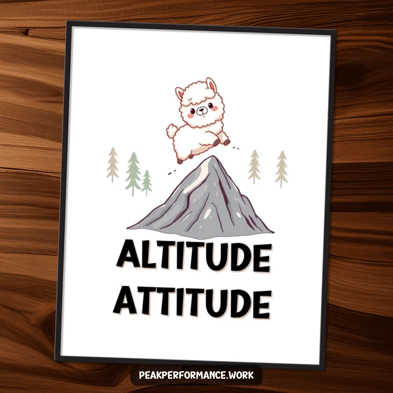 Funny poster of a fluffy cartoon alpaca energetically leaping over a jagged mountain peak, adding adventure and humor to decor.