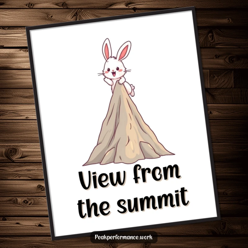 Funny Poster: Fluffy bunny gleefully leaps over a stylized mountain peak, depicting humorous adventure and achievement.