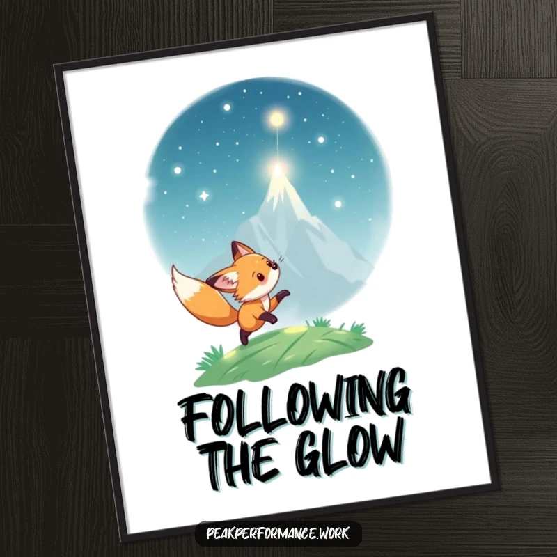 Funny Poster: Playful fox cub excitedly pursues a shimmering light particle towards a lofty mountain peak, humorous art.