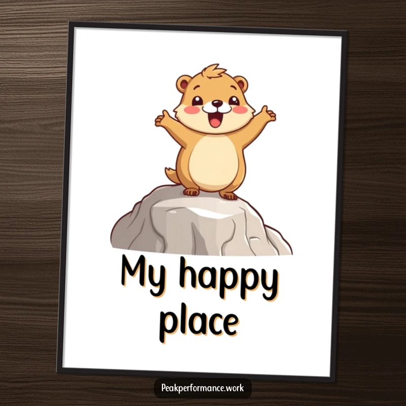 Funny Marmot Poster: A cartoon marmot executing a celebratory hop on a mountain ledge, bringing joy to any room.