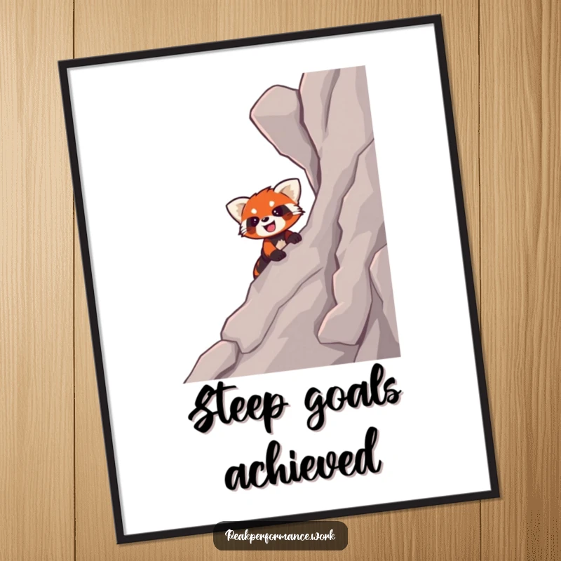 Funny poster of a smiling cartoon red panda enthusiastically climbing a steep, rocky slope, adding motivation and humor.