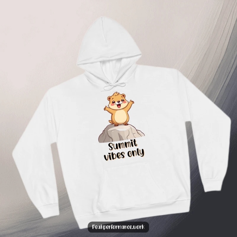 Funny Marmot Hoodie: A cartoon marmot celebrating with a hop on a mountain ledge, ideal for cozy adventures.