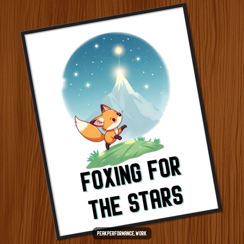 Funny Free Printable Wall Art: A playful fox cub chases a shimmering light particle towards a lofty peak.
