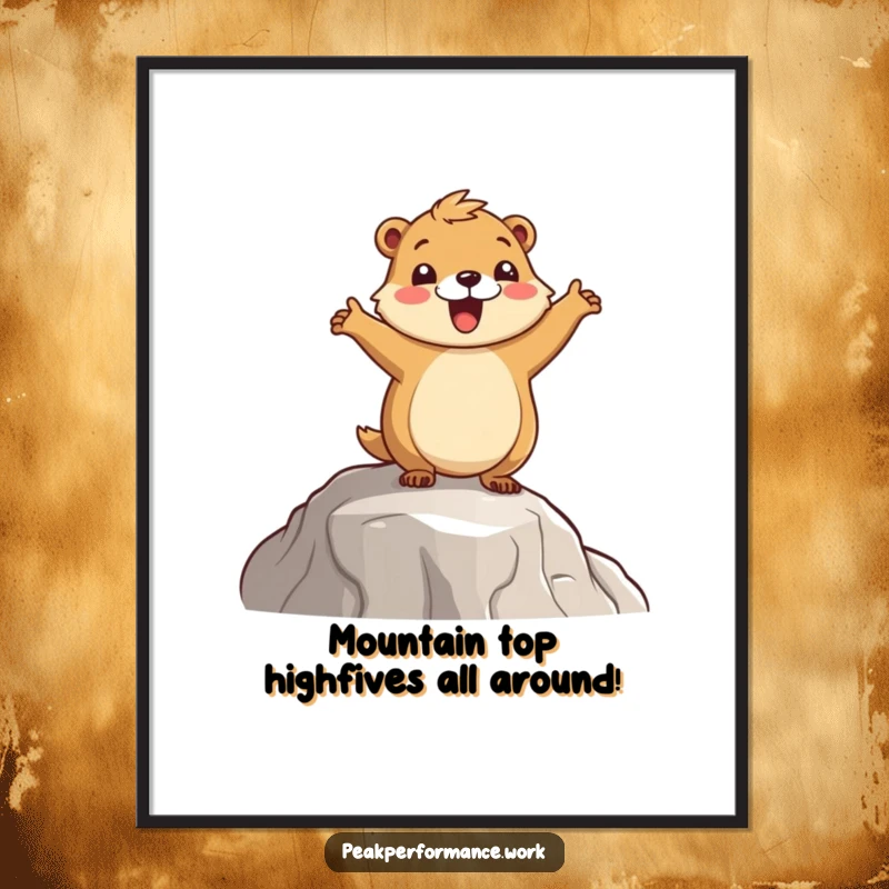 Funny Free Printable Wall Art: A cartoon marmot hopping with joy on a mountain ledge, bringing mountain vibes home.