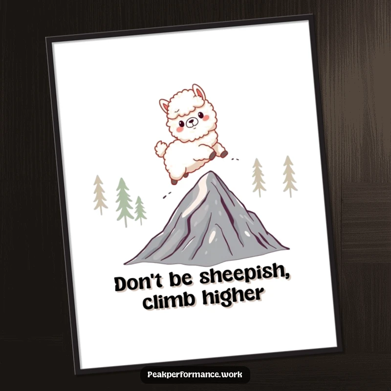 Funny Free Printable Wall Art: Cartoon alpaca energetically leaping over a jagged mountain peak, adding a sense of boundless energy.