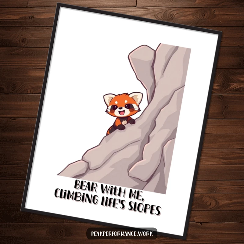 Funny Free Printable Wall Art: Smiling cartoon red panda energetically climbing a steep, rocky slope, adding cheerful vibes to any room.